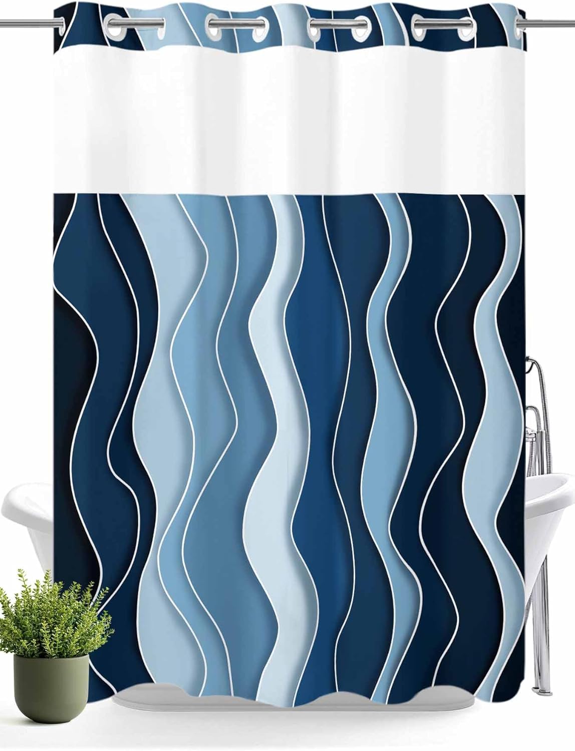 No Hook Shower Curtain with Snap in Liner, Blue Gradient Ripple Abstract Geometric Waterproof Bath Curtain Double Layers with See Through Top Window, Rotation Stripes Line Hotel Shower Curtains