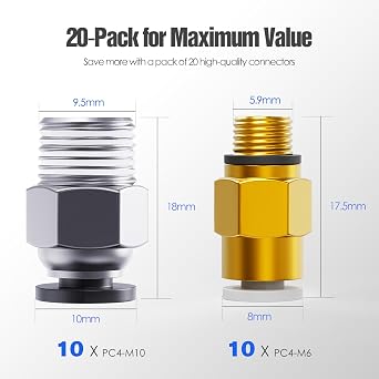 HANGLIFE PC4-M10 & PC4-M6 Bowden PTFE Tube Connectors, Push-to-Connect Quick Fittings, 1.75mm Filament Pneumatic Coupler, Push-Fit Adaptor – 3D Printers Accessories, Ideal for Pneumatic Systems
