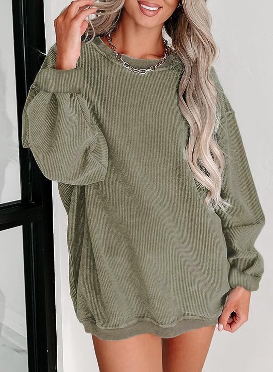 Chvity Womens Crewneck Oversized Corduroy Corded Sweatshirt Casual Long Sleeve Trendy Pullover Comfy Tops - Image 2