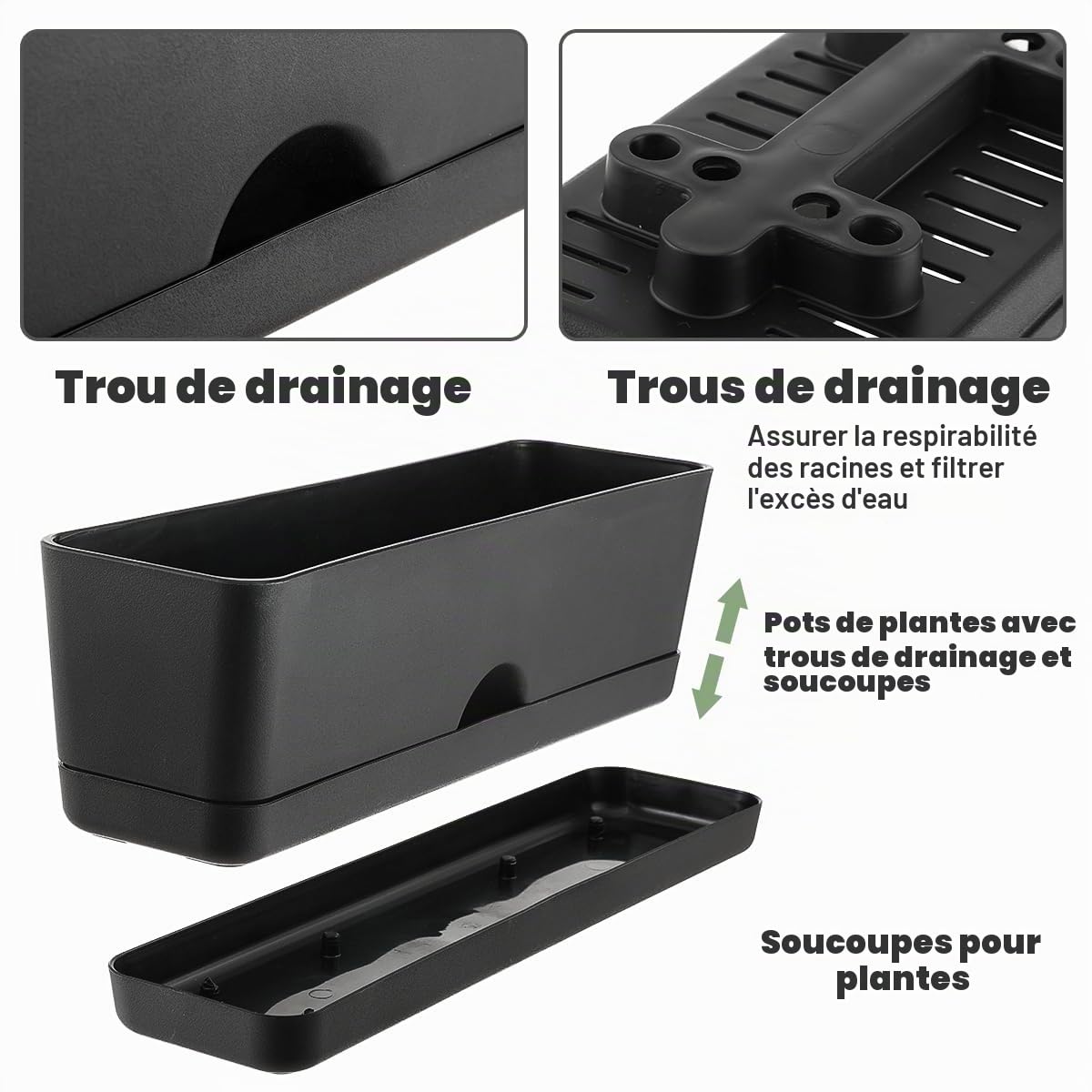 Lot de 5 jardinières rectangulaires de 40,6 cm pour plantes aromatiques, grands pots de fleurs rectangulaires en plastique noir, pour extérieur et intérieur, pour rebord de fenêtre, pots à arrosage