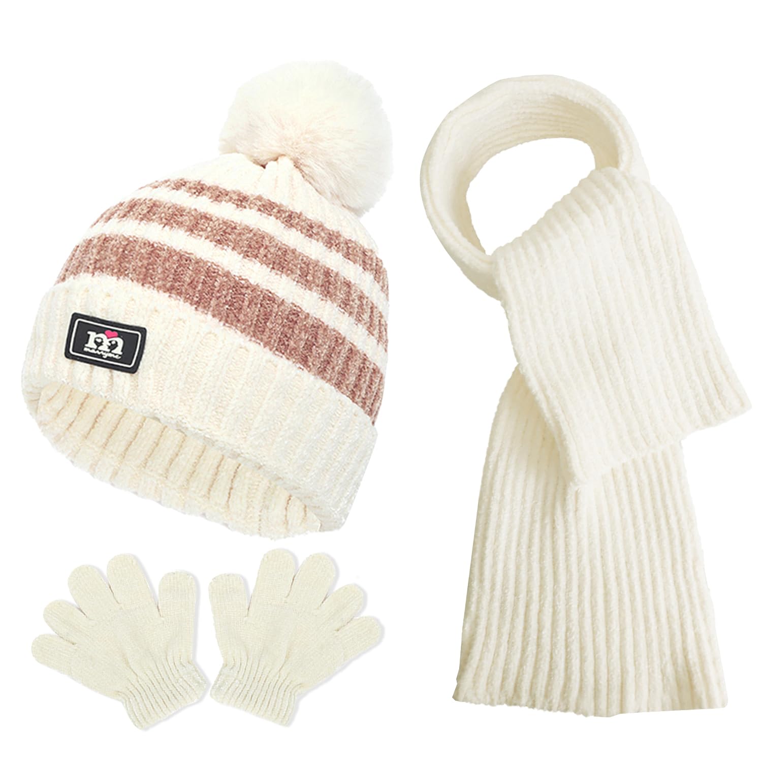 JFAN 3in1 Conjunto de Gorro Guantes y Bufanda de Invierno para Niños Térmico con Pompon Chenille 1-5 Años