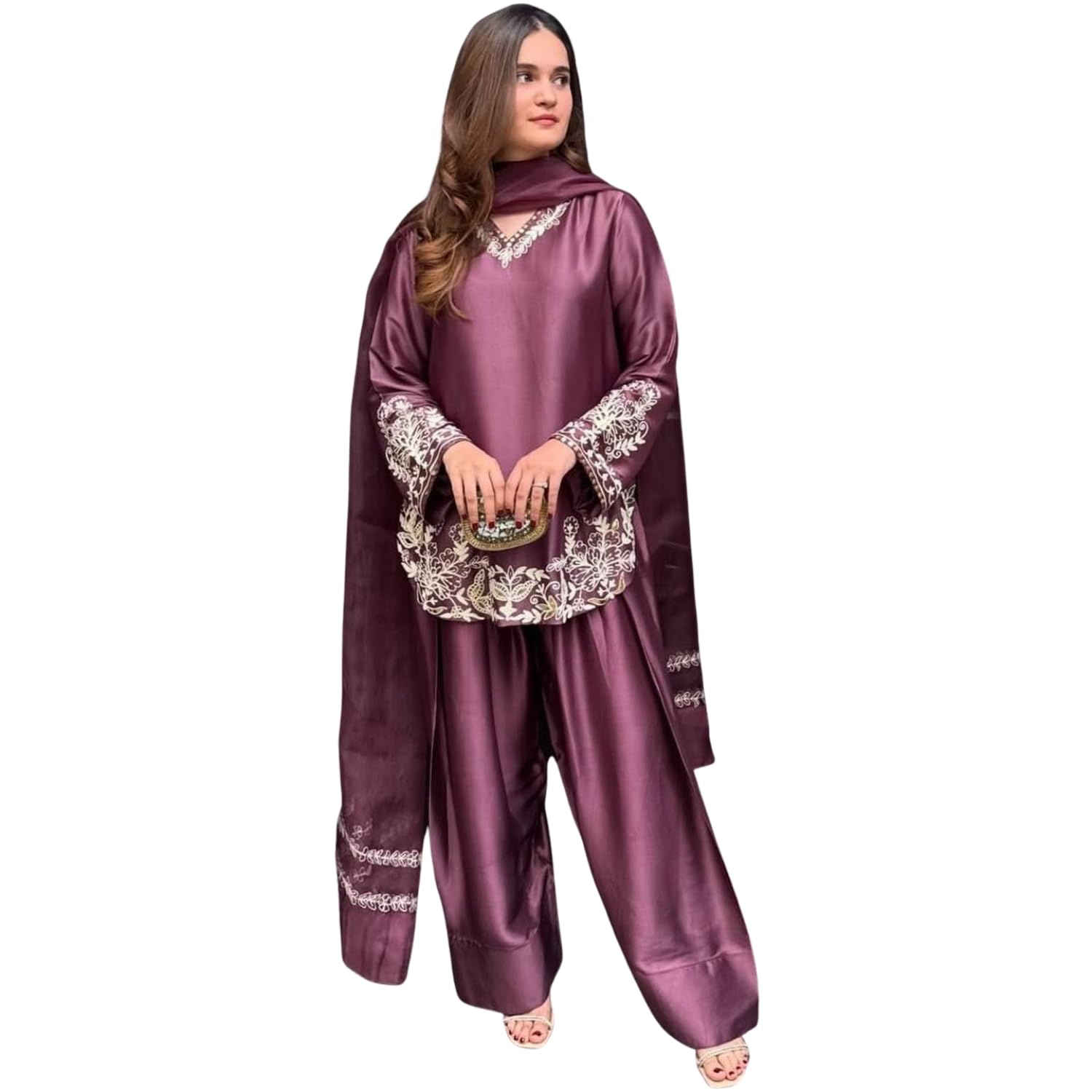 Durwa wondermart Women Silk Crepe Embroidery Work full sleeve v neck with Patiala Gharara with net fabric dupatta set for women-image-10