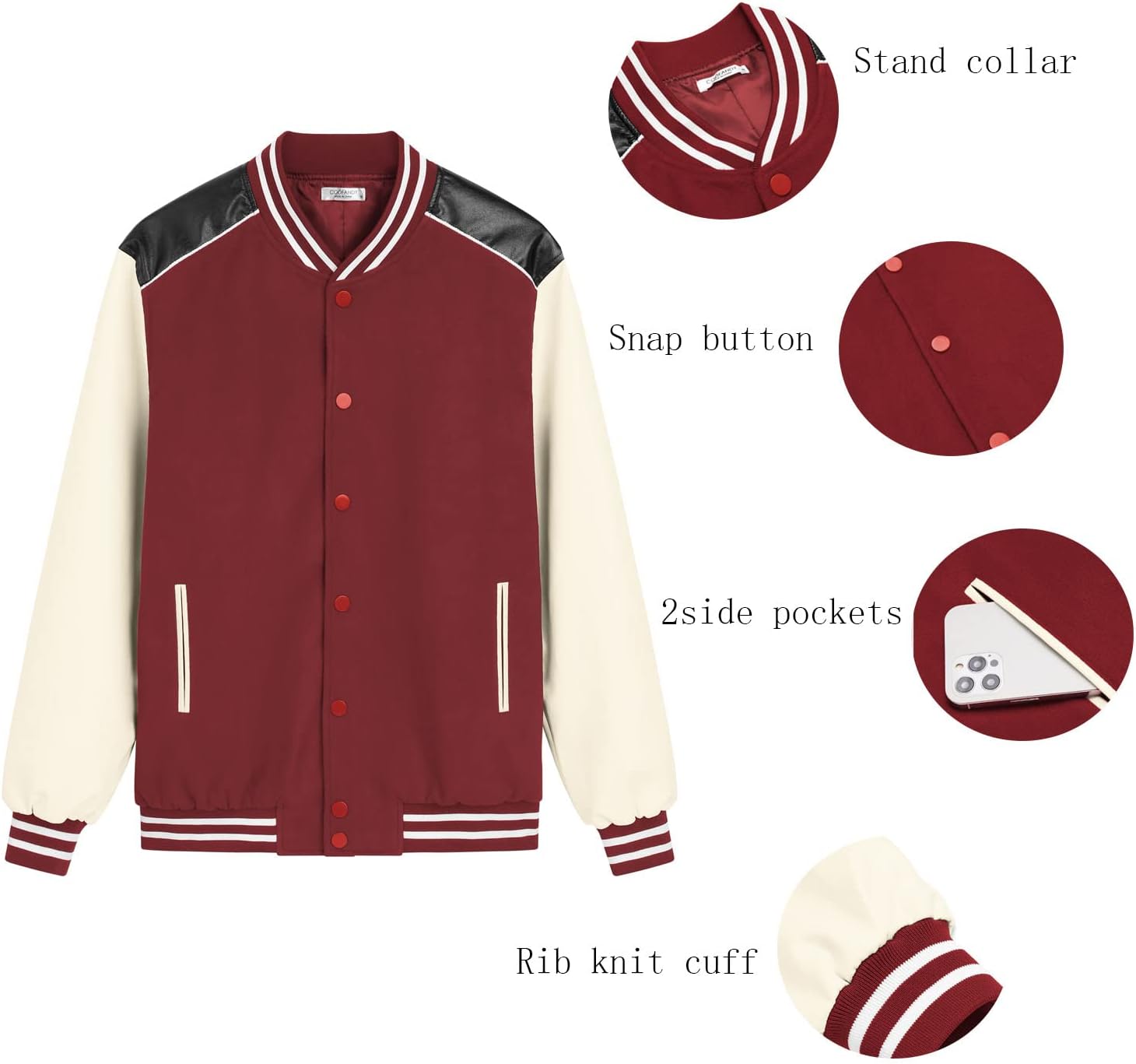COOFANDY Mens Fashion Varsity Jackets Casual Leather Sleeves College Baseball Bomber Jacket Streetwear Red Varsity Jacket S - Image 4