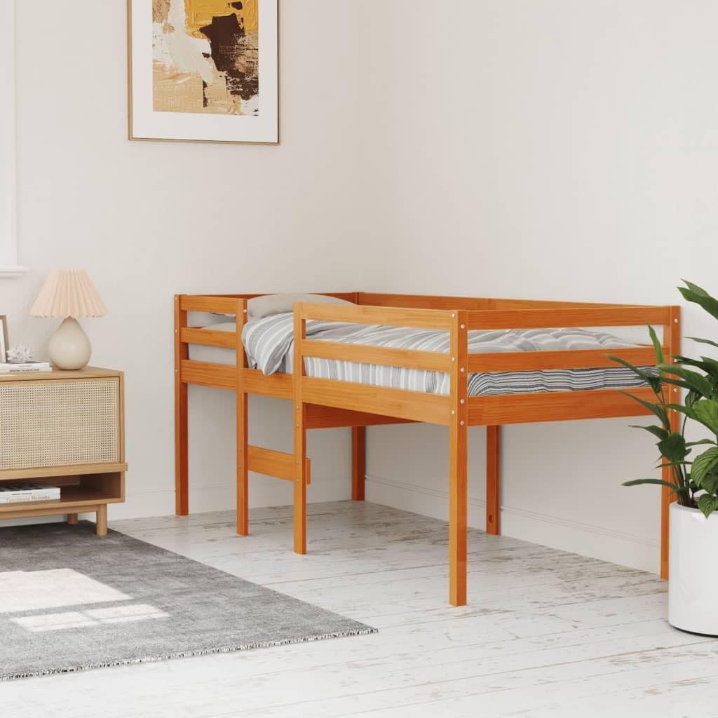 Cama alta marrón cera 80 x 200 cm madera maciza de pino, estructura de cama robusta para niños y jóvenes, mueble para dormitorio, diseño seguro con escalera