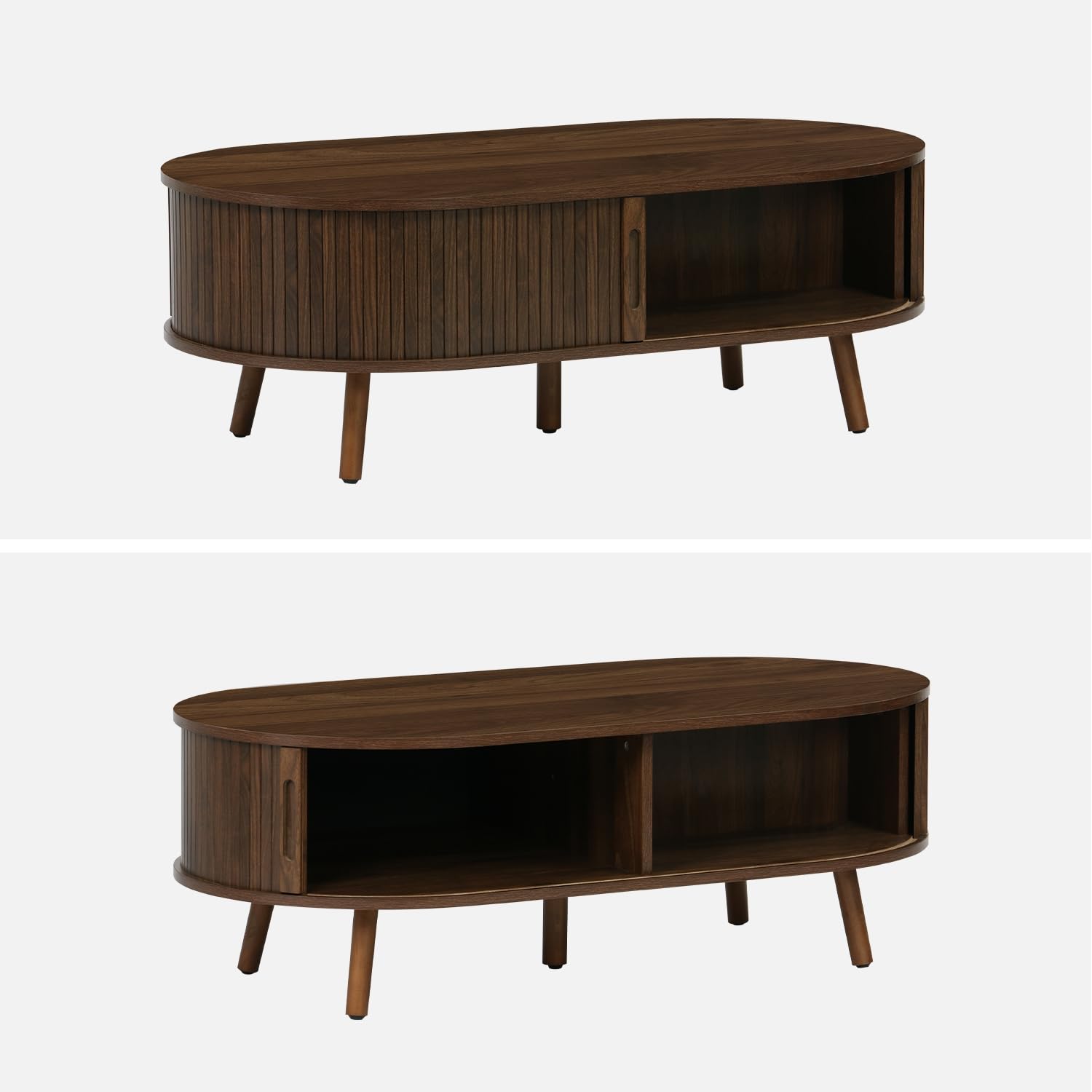 Alice's Garden sweeek - Table Basse 2 Portes coulissantes avec 3 Compartiments décor Bois rainuré Noyer. L 110 x P 59 x H 39cm