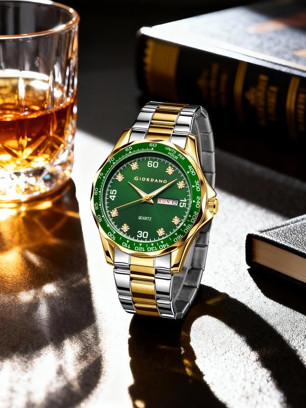 Image of Giordano Two-Tone Analog Watch for Men - Crystal Hour Markers, Textured Bezel Design, Day & Date Display, Stainless Steel Strap, Quartz Movement - GZ-50177-33