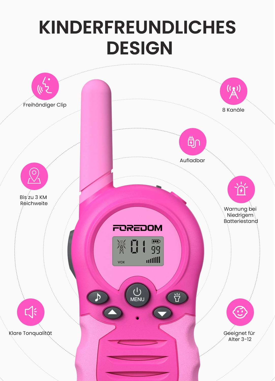 FOREDOM Wiederaufladbare Walkie Talkies für Kinder Walkie Talkies Funkgeräte Set Spielzeug für Jungen & Mädchen 3-12 Jahre, Abenteuer, Camping, Wandern – 2er Set