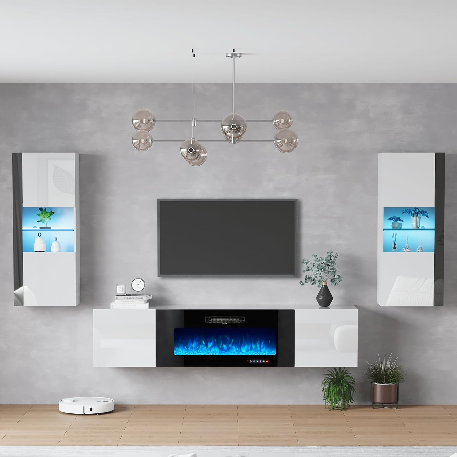 AMERLIFE Wall Unit Entertainment Center with 40" Electric Fireplace, Includes 80" Floating Fireplace TV Stand, 2 x Wall Cabinets, Modern LED Light Media Console Table for Living Room, White/Black