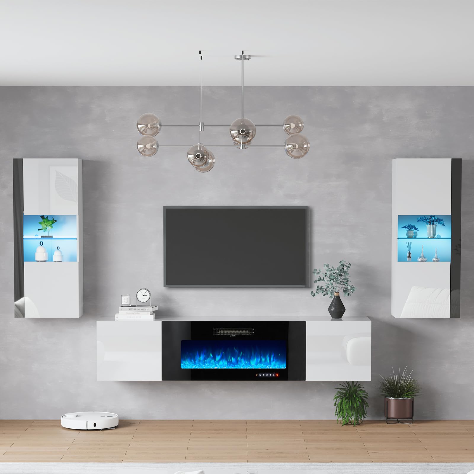 AMERLIFE Wall Unit Entertainment Center with 40" Electric Fireplace, Includes 80" Floating Fireplace TV Stand, 2 x Wall Cabinets, Modern LED Light