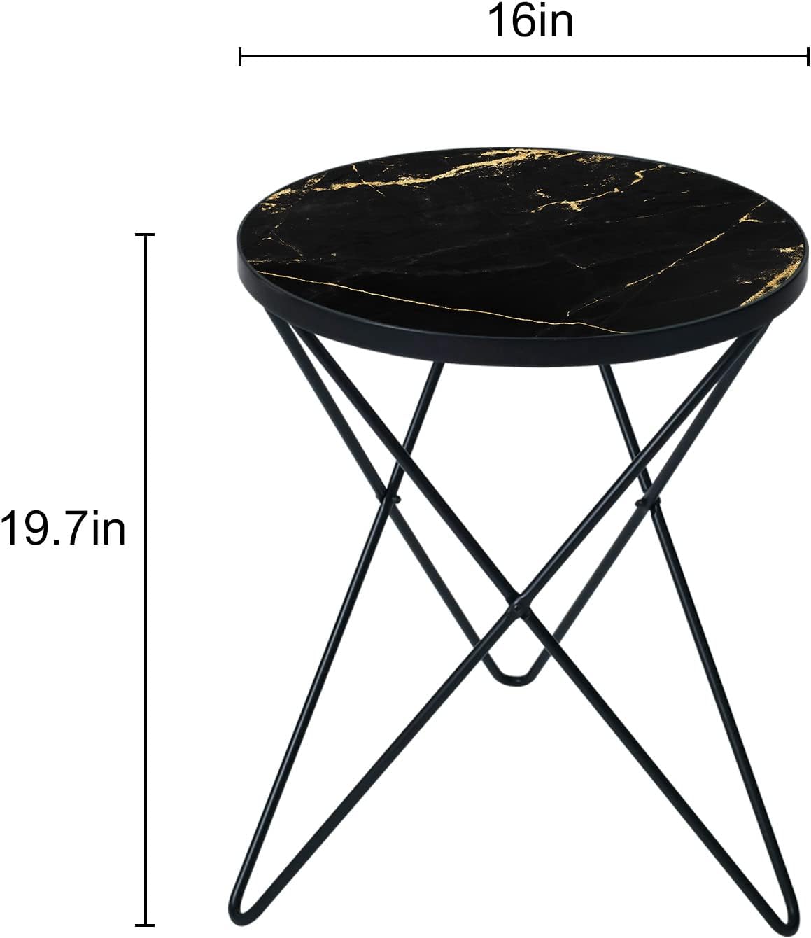 HLR Modern Round Side Table, End Table with Marble Effect Top and Gold Metal Frame, Small Side Table for Living Room, Bedroom, Sofa and Couch, Black Legs, Black Marble top Black Marble&black 1-pack
