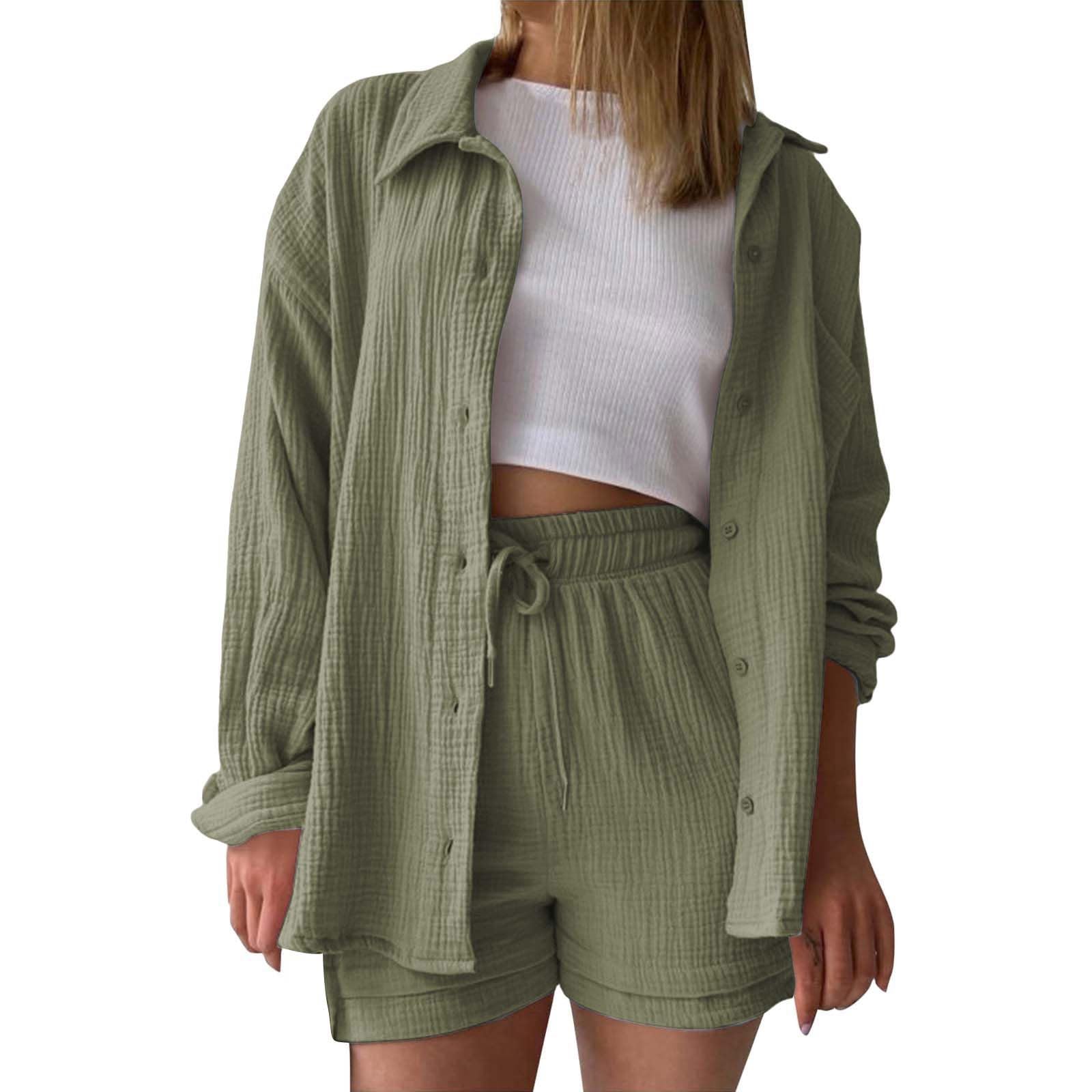 Linen Sets For Women 2 Piece Shorts Short Sets Short Sleeve Top Summer Beach Vacation Outfits Lounge Tracksuits