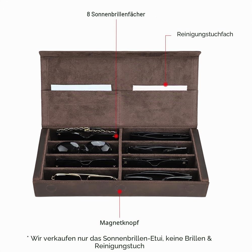 Contacts Brillenbox aus Leder für Herren/Damen, 2/4 Sonnenbrillenhalter, Reiseetui, Brillen-Organizer mit Mikrofaser-Futter und Reinigungstuch-Schlitz