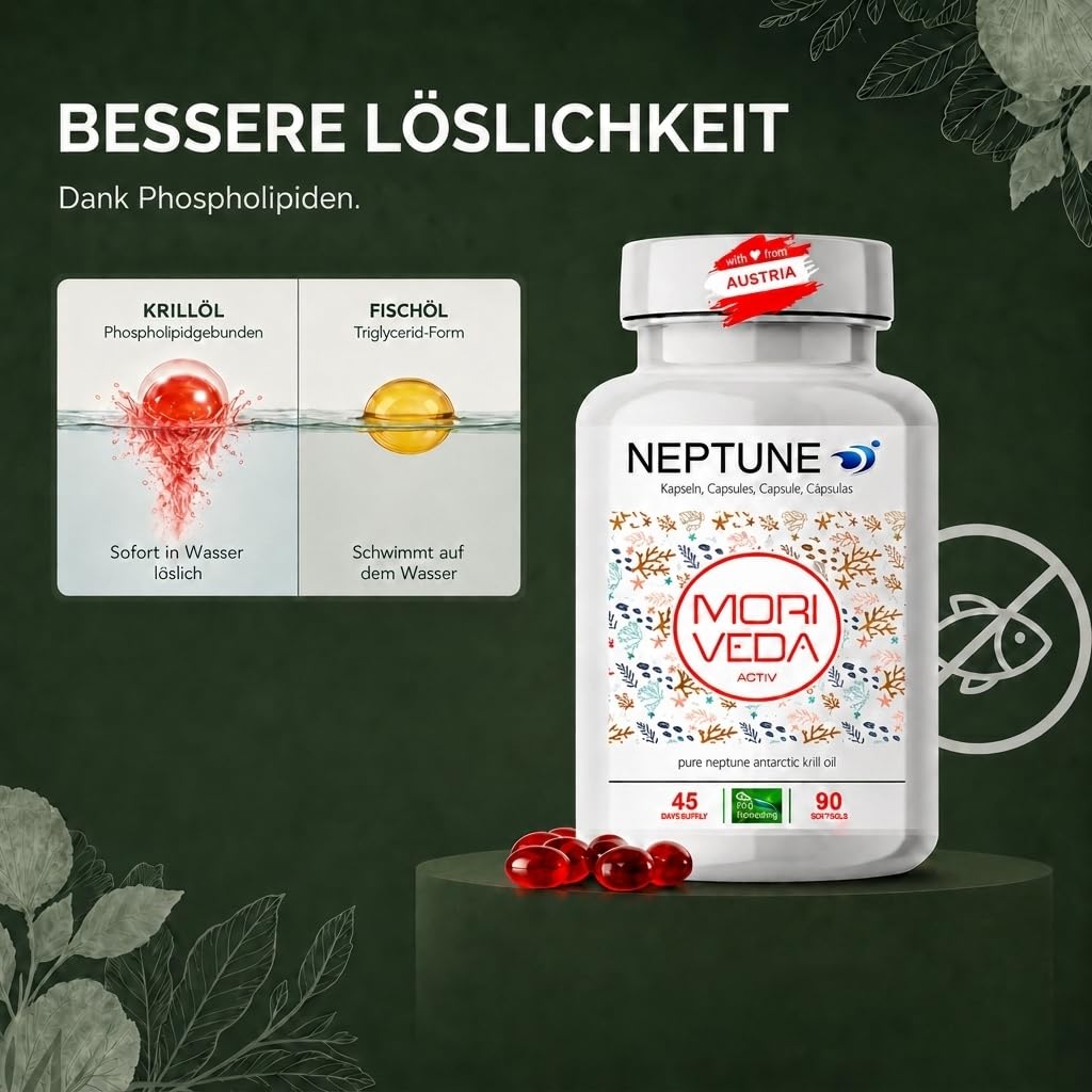 MoriVeda NEPTUNE Cápsulas de aceite de krill, suministro para 135 días, con omega 3, 6 y 9 (EPA/DHA), antioxidantes, vitamina E y colina, certificado por el MSC y sostenible, 3 x 90 cápsulas blandas