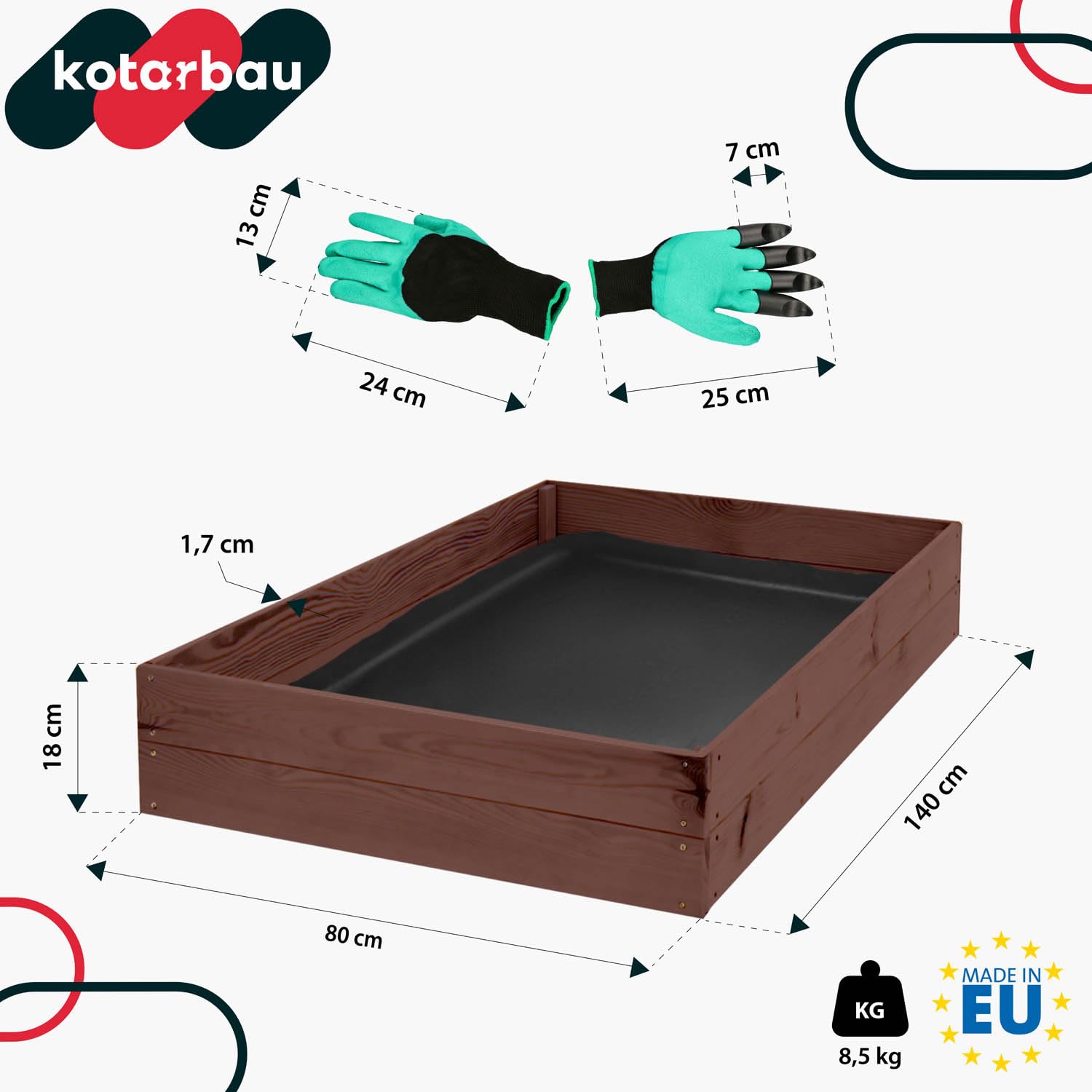 KOTARBAU® Jardinière surélevée en bois pour fleurs 120x100x18cm Imprégnée, pots de plantes marron, marron, 140 x 80 x 18 cm