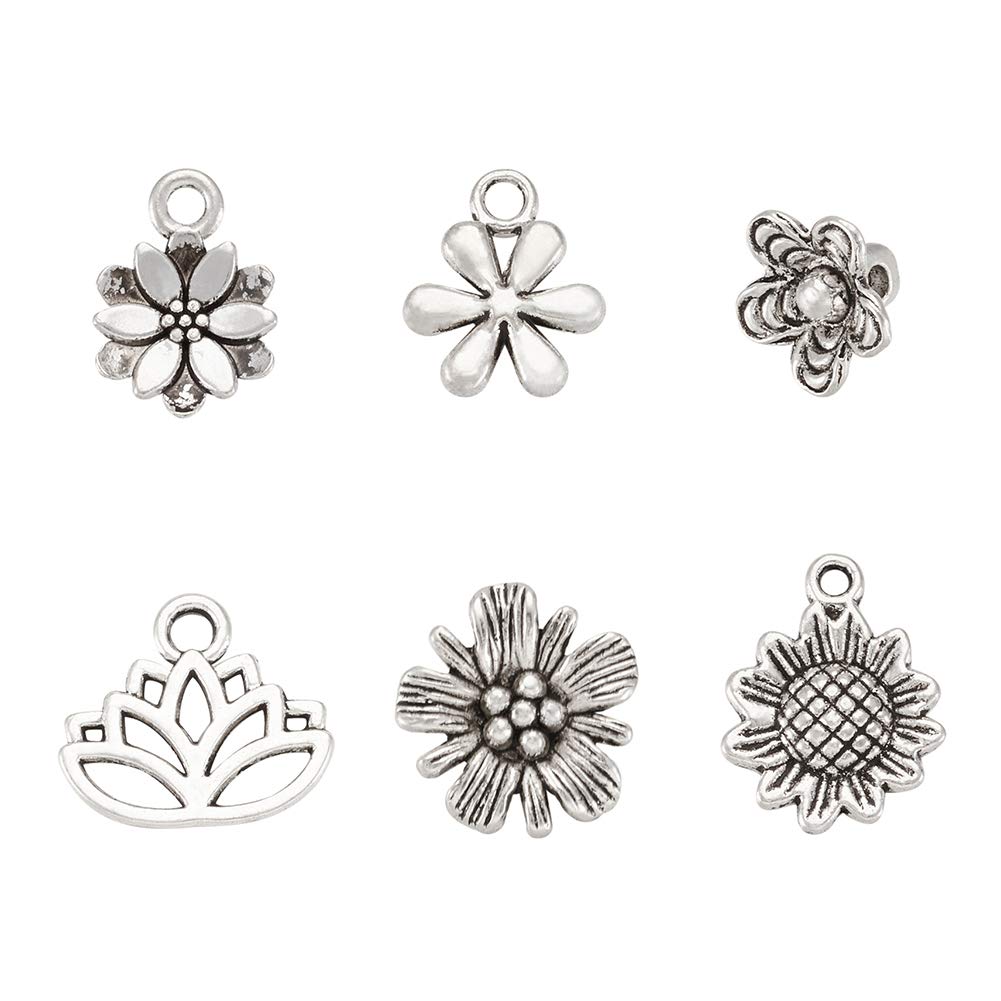 PandaHall 135pcs Tibetan Style Alloy Flower Charms Pendants Antique Silver Sunflower Lotus Flower Charms Vintage Metal Charms Spacer Beads for Earring Bracelet Jewelry Making โ image 1