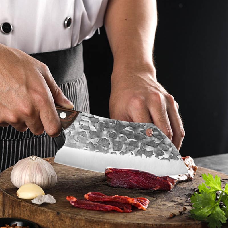 Meat Cleaver,Cleaver Knife 7 Inch Professional Butcher Meat Cleaver Knife Wood Handle Hand Forge Blade Slicing Fish Meat Kitchen Knives