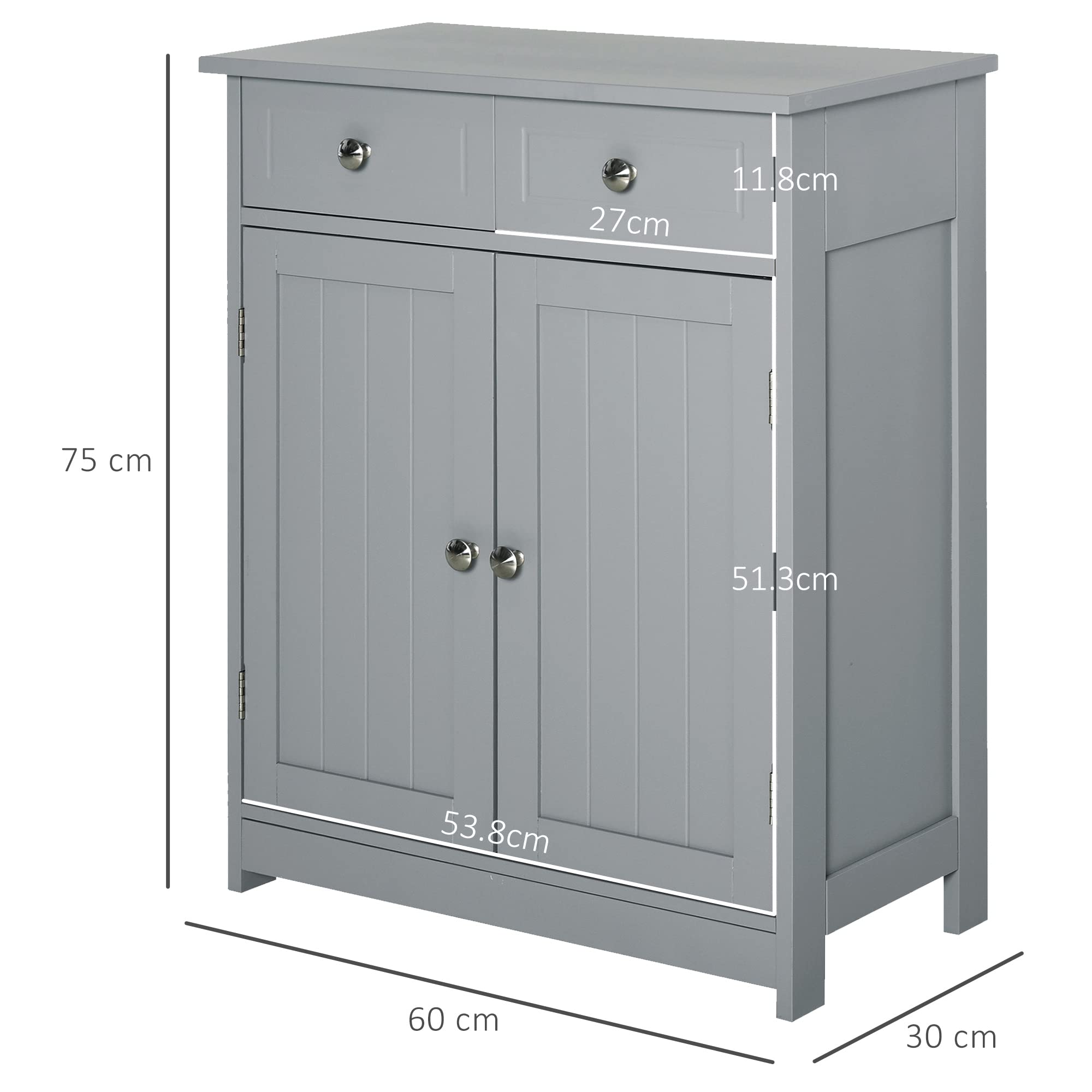 kleankin Meuble de Salle de Bain avec 2 Tiroirs 60 x 30 x 75 cm Gris | Meuble de Rangement avec Placard Double Porte, Étagère Réglable, Armoire Salle de Bain, Salon, Chambre