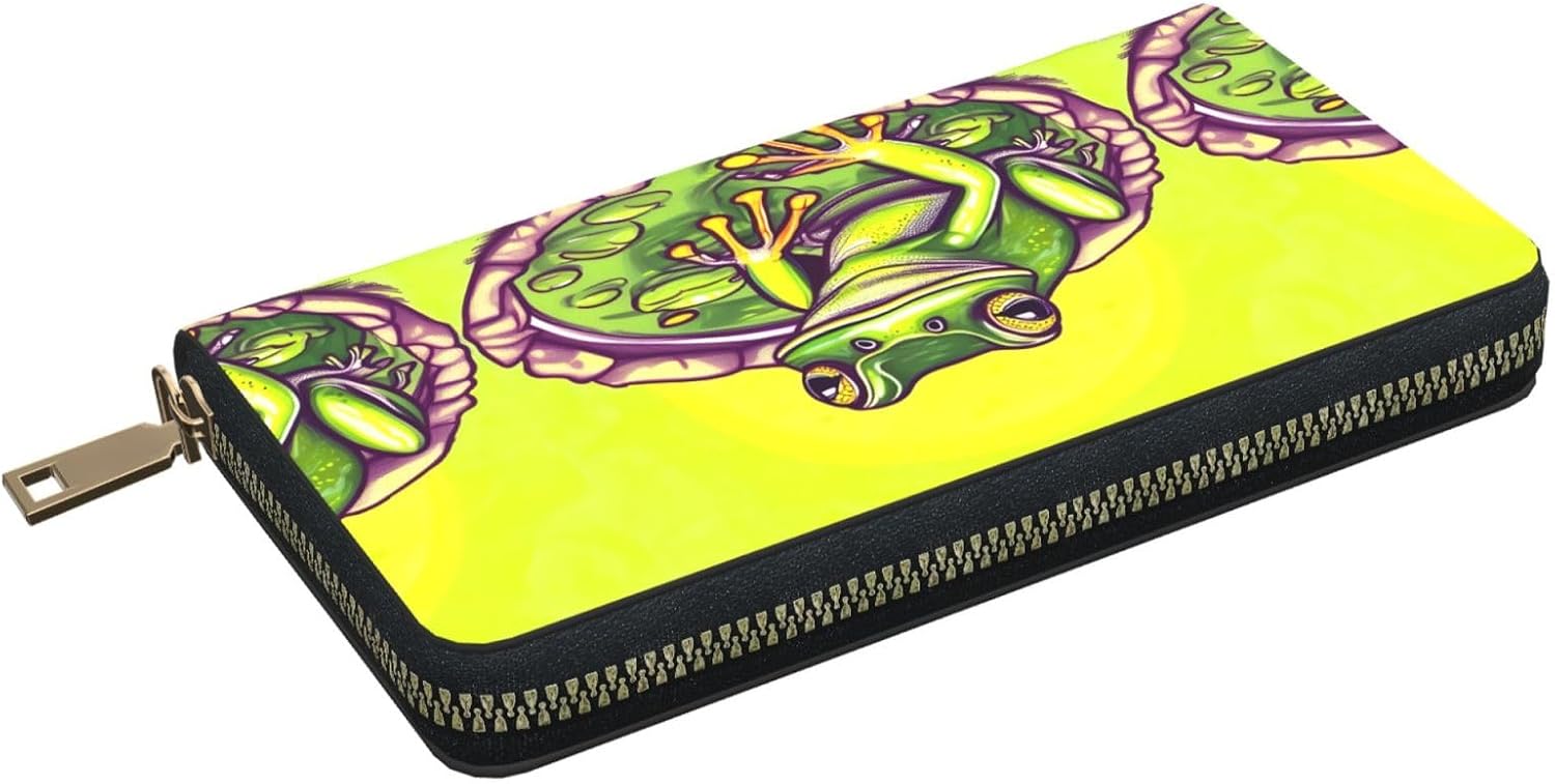 Frog In A Pond Unisex Long Microfiber Leather Wallet With Metal Zipper For Office Travel Dating Gifts