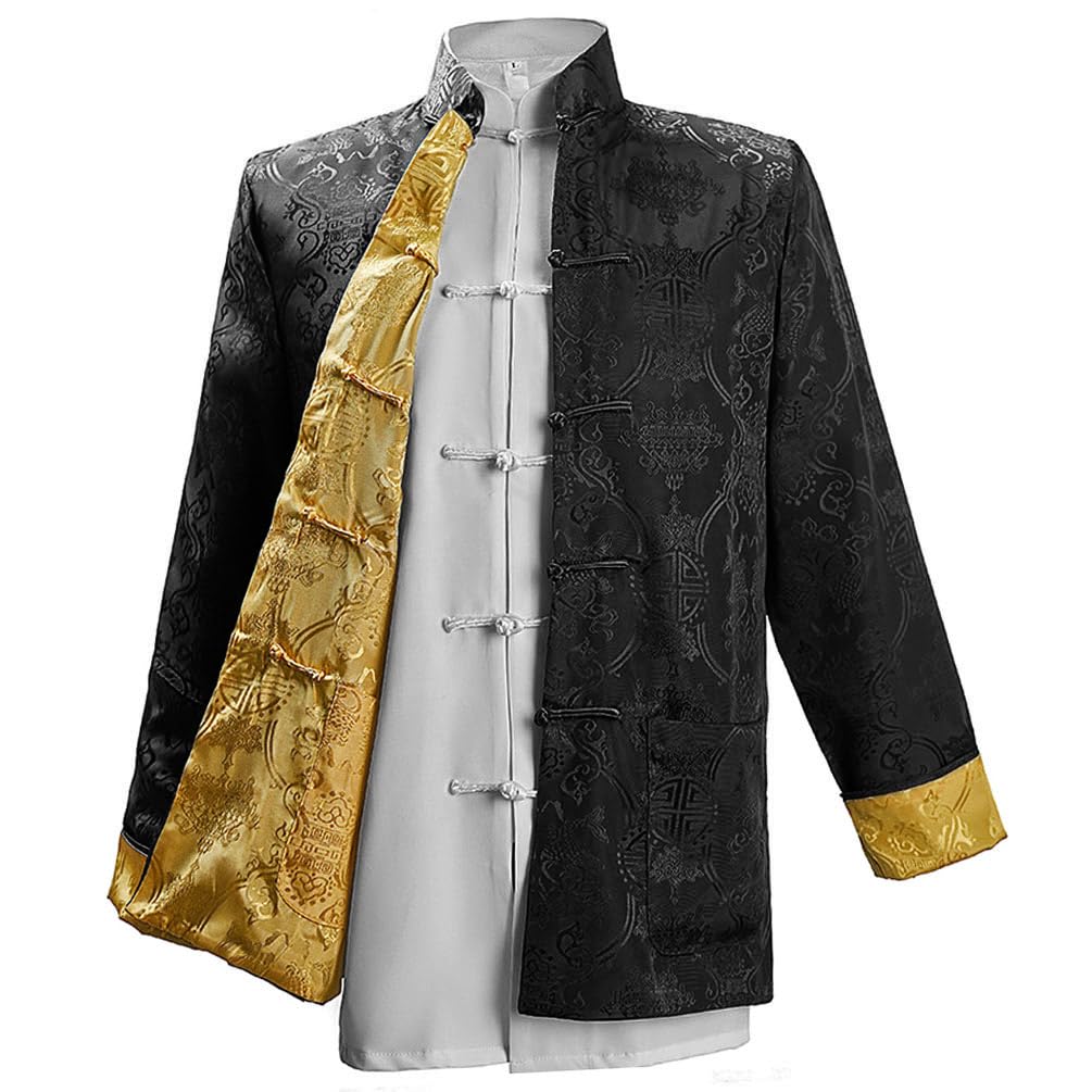 Men's Tang Jacket with Contrast Lining Chinese Traditional Frog Button Jacket Long Sleeve Stand Collar Tangzhuang Coat