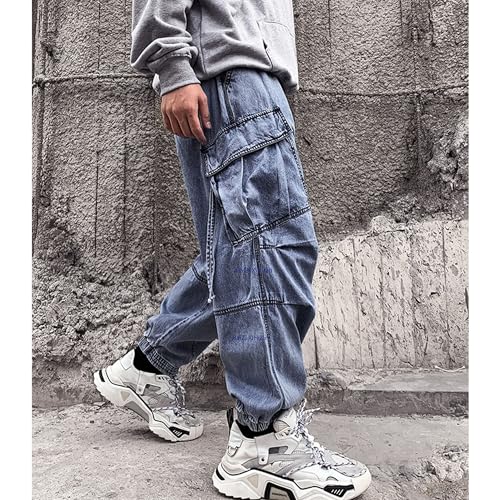Men's Japanese High Street Multi-Pocket Blue Jeans Baggy Drawstring Tapered Cargo Pants Mens Tech Hip Hop Sweatpants2