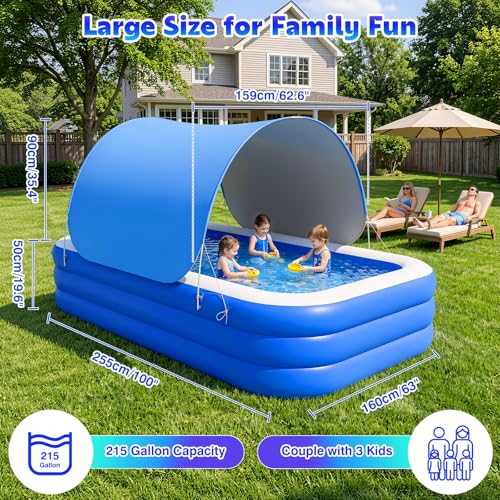 Image of MoKo Inflatable Swimming Pool with Canopy, Large Blow Up Pool with Shade for Adults Kids Kiddie Toddler, 102 inch x 65 inch x 23 inch Big Foldable Family Above Ground Pools for Backyard Garden, Blue /White