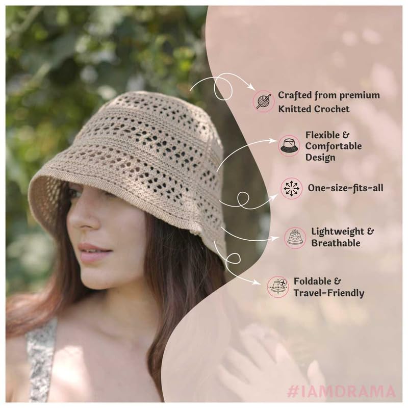 Image of Hair Drama Co. Crochet Bucket Hat for Women | Comfy & Casual Knit Handmade Foldable Floppy Hat | Summer Crochet Bucket Cap for Women & Girls