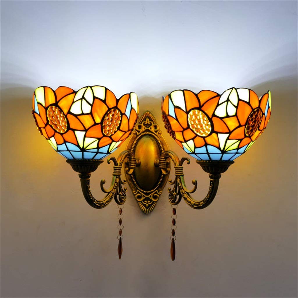 Aioneer European Tiffany Style Double Head Wall Lamp Lighting Sconces, Stained Glass Shade Wall Lighting Corridor Mirror Front Lamp Passage Hallway Light,Multicolor,C