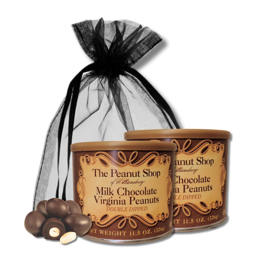 The Peanut Shop of Williamsburg Virginia Peanuts, Double Dipped Milk Chocolate Covered Peanuts - Gift Pack of 2, 11.5 oz. Tins By Lyza's Sweets & Treats