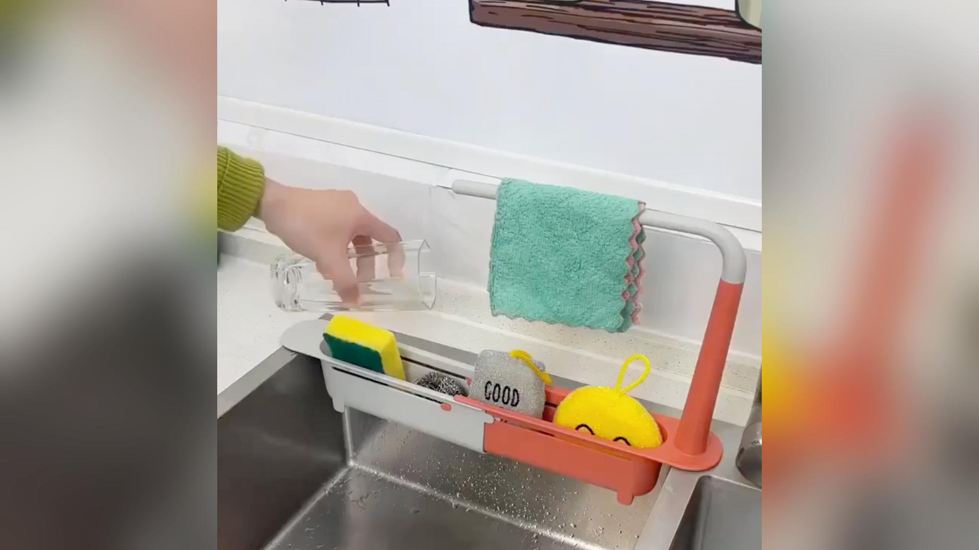 2026 Updated Telescopic Sink Storage Rack, Ajustable Organizador Telescópico de Fregadero de Cocina, Expansible 2 en 1 Escurridor de Fregadero, Porta Esponja y Jabón para Cocina en Casa (C - Verde - 2 piezas) miniatura 7