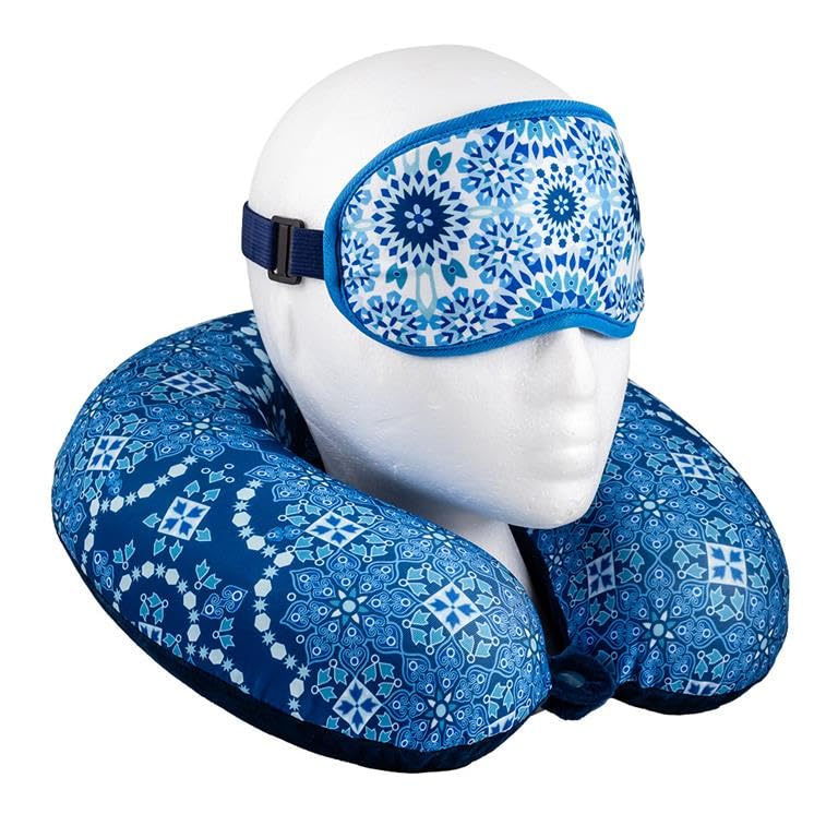 Coussin de voyage ergonomique avec masque de nuit bleu
