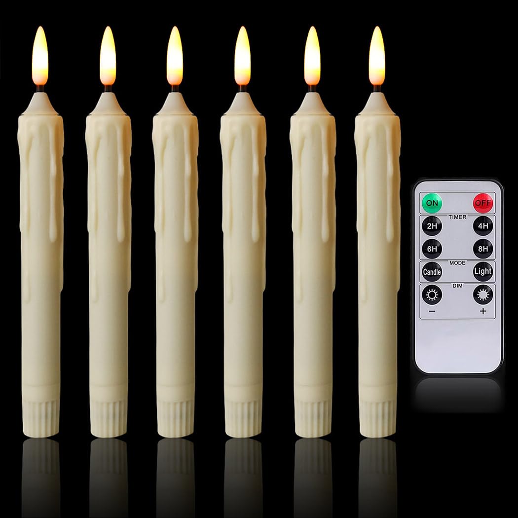 Taper Candles Battery Operated, 6 Pack Flameless Candlesticks with Romte, Led Stick Candles, Fake Candle Sticks 3D Wick Light, Window Candles Electric Taper Candles Flickering for Home Wedding Decor