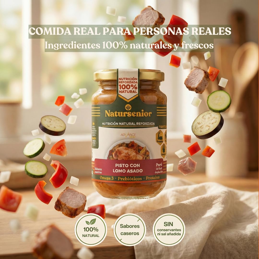 Natursenior - Comida Triturada para Personas Mayores - Pack Puré de Pisto con Lomo Asado - 100% Natural, Omega 3, Fibra, Proteína - 6 uds x 340g