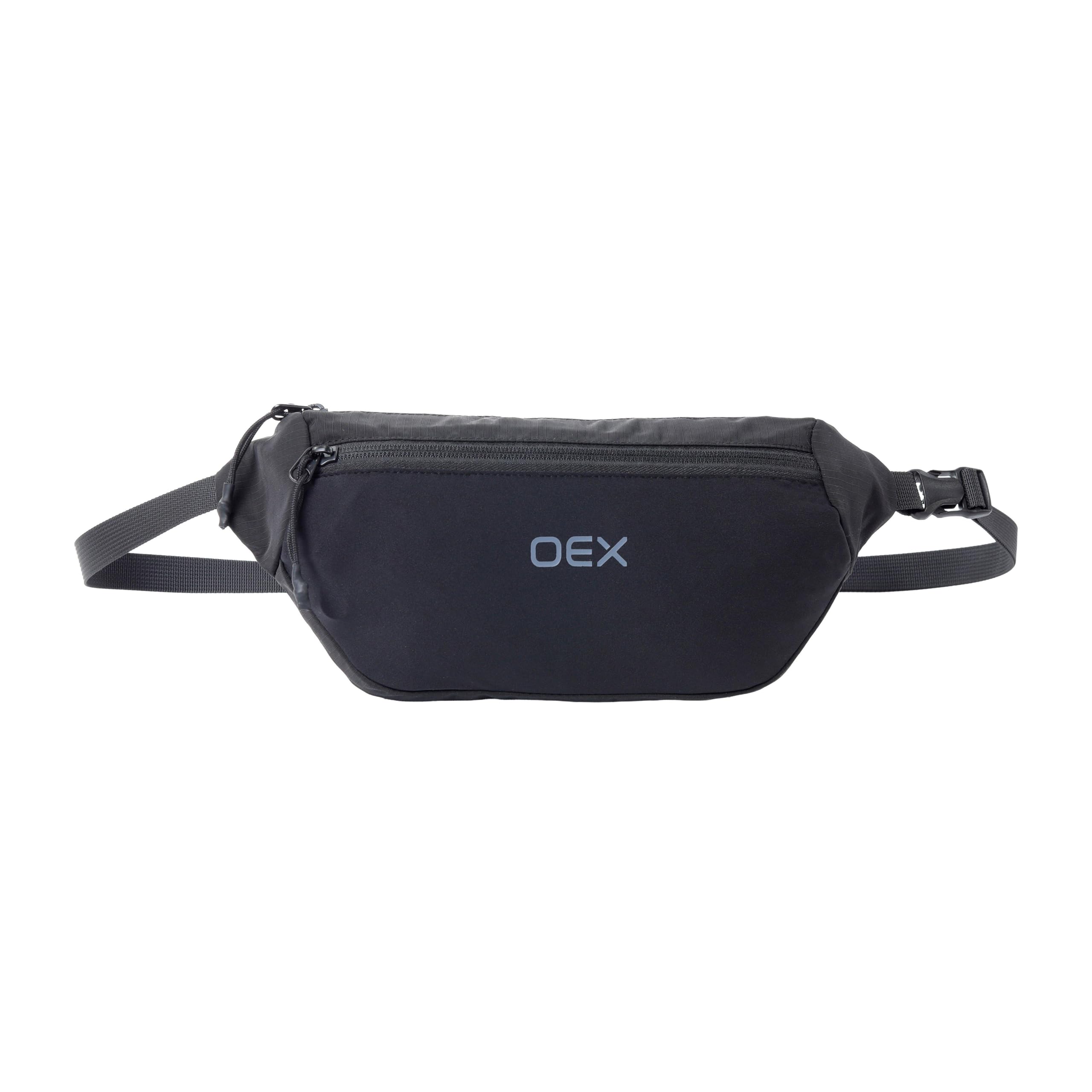 OEX Vallo Belt Pack, 2L, Polyamide Ripstop, Adjustable Waist Strap, Two Zipped Pockets, for Hiking, Trail Running, and Travel, 32x12x3cm (Black)
