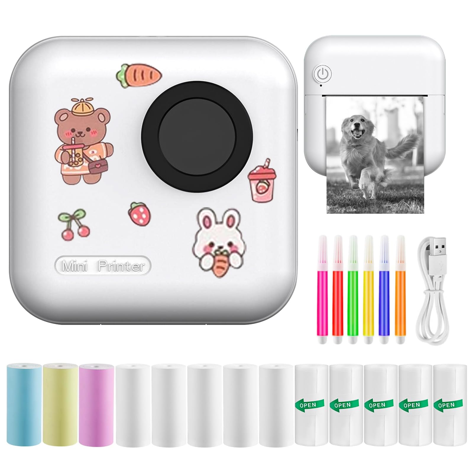 Mini imprimante Photo pour Smartphone,Portable imprimante Thermique avec 13 papiers d'impression Thermique et 5 stylos Aquarelle, pour Apprentissage, Notes d'étude, diagrammes, Photos