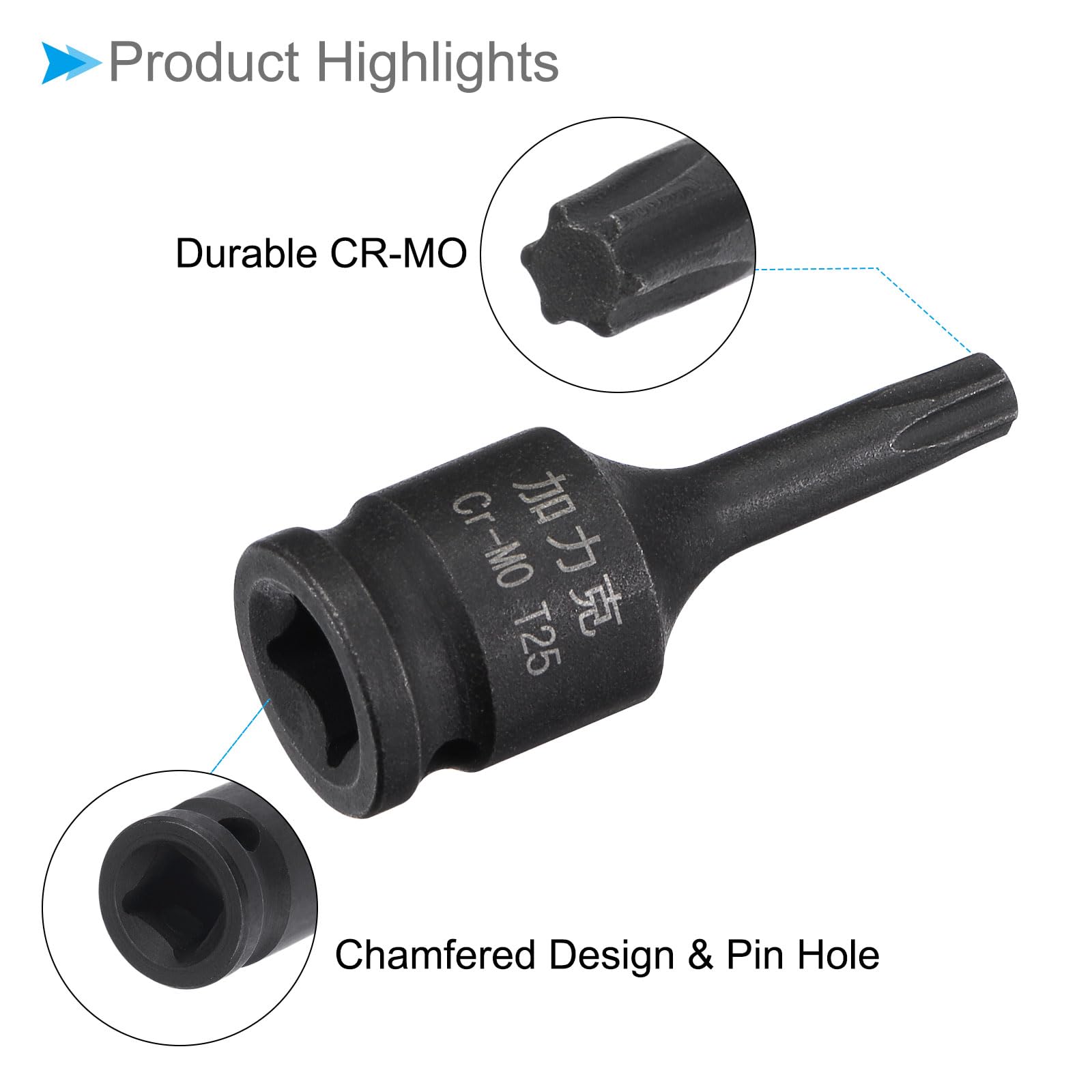 CoCud Impact Torx Bit Socket, T25 1/4" Square Drive 35mm Length, CR-MO Chamfer Design Pin Hole 6 Point Star Socket Bit - Image 4