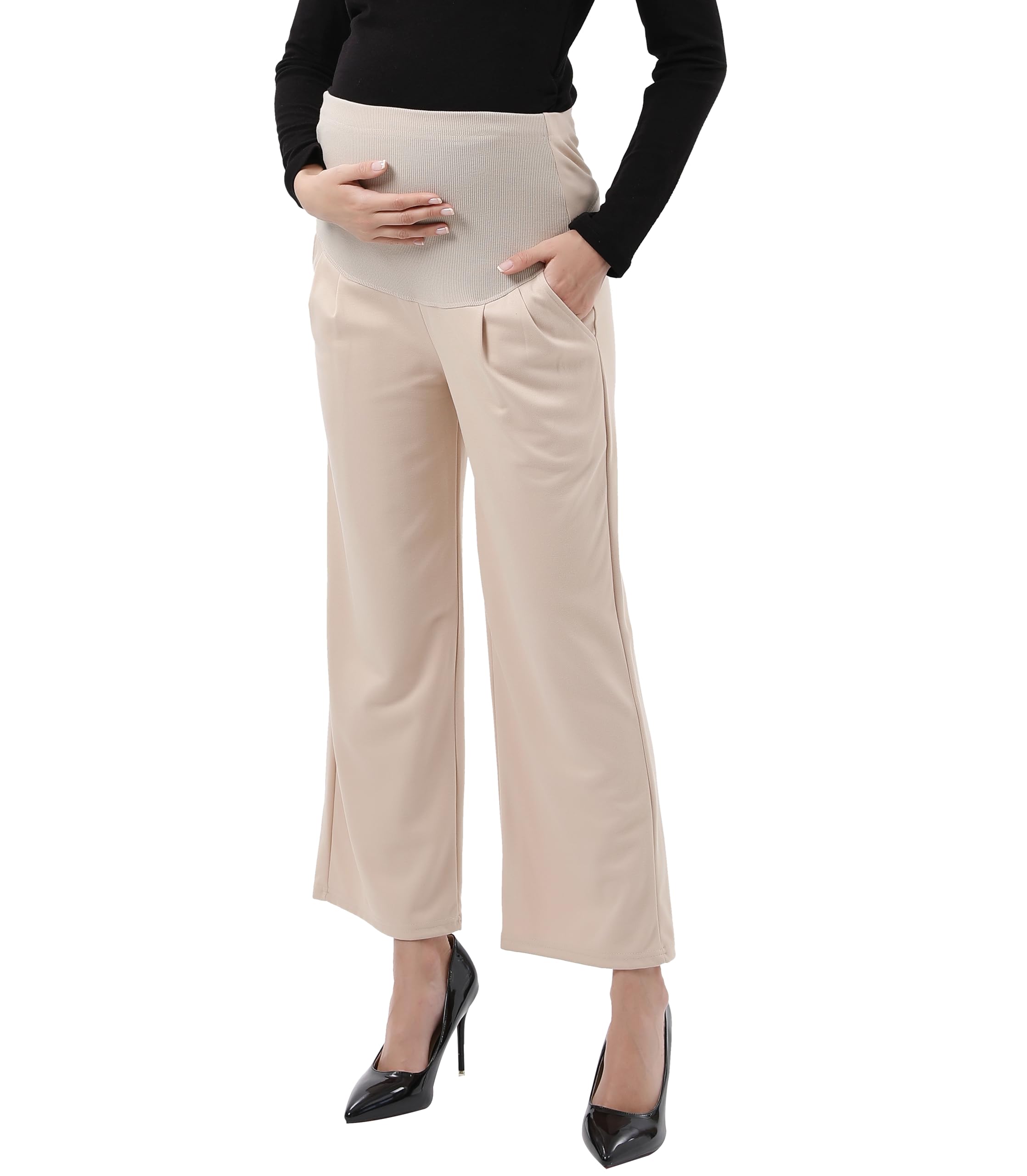 Alina Mae Maternity Women's Wide Leg - Khaki Maternity Wide Leg Pants Comfortable Stretch Over-Bump Pregnancy Casual Capris For Work, 12-14