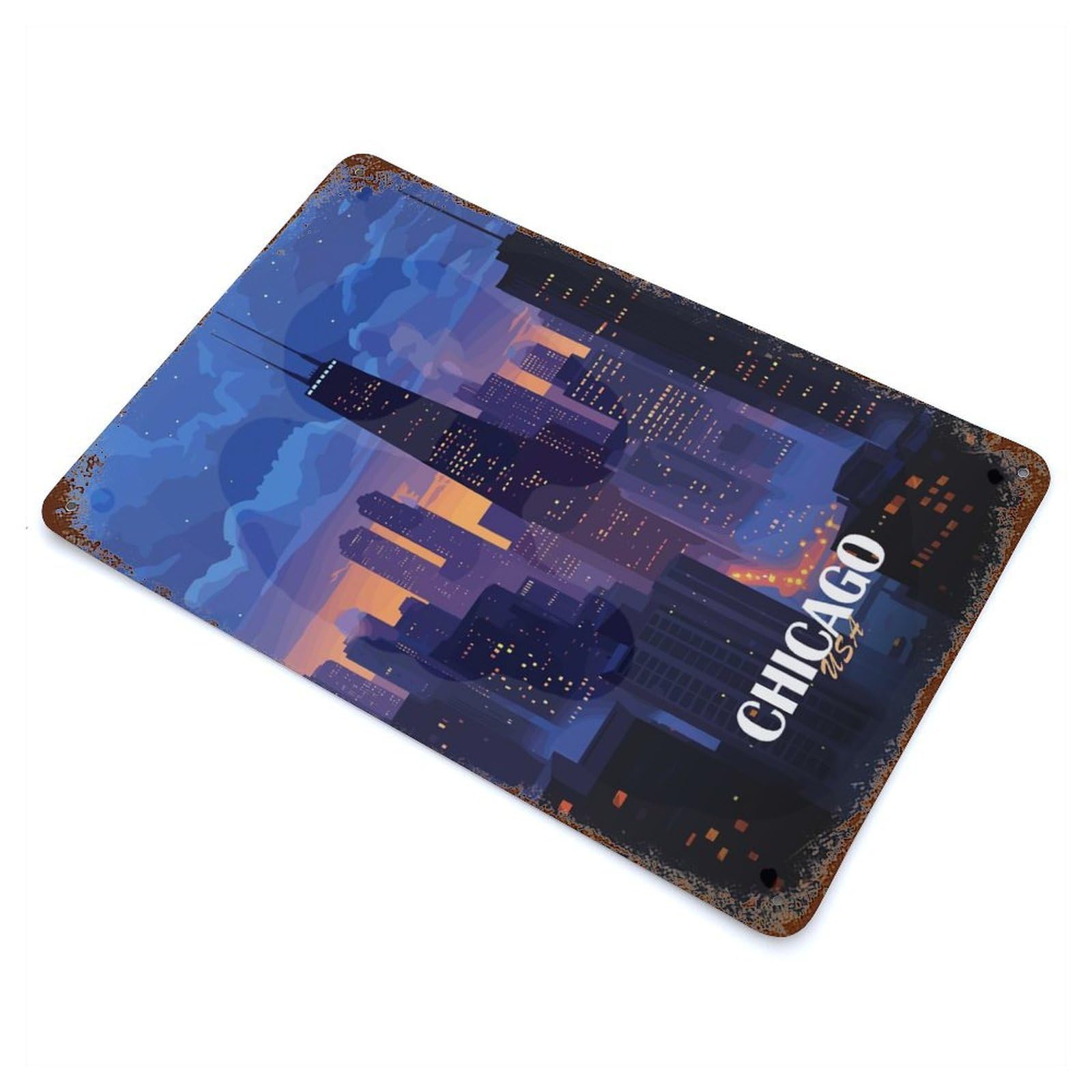 Chicago Cityscape at Dusk Rusty Metal Tin Sign 11.8"x7.9", Farmhouse Wall Decor for Farmhouse, Kitchen And Entryway Decor