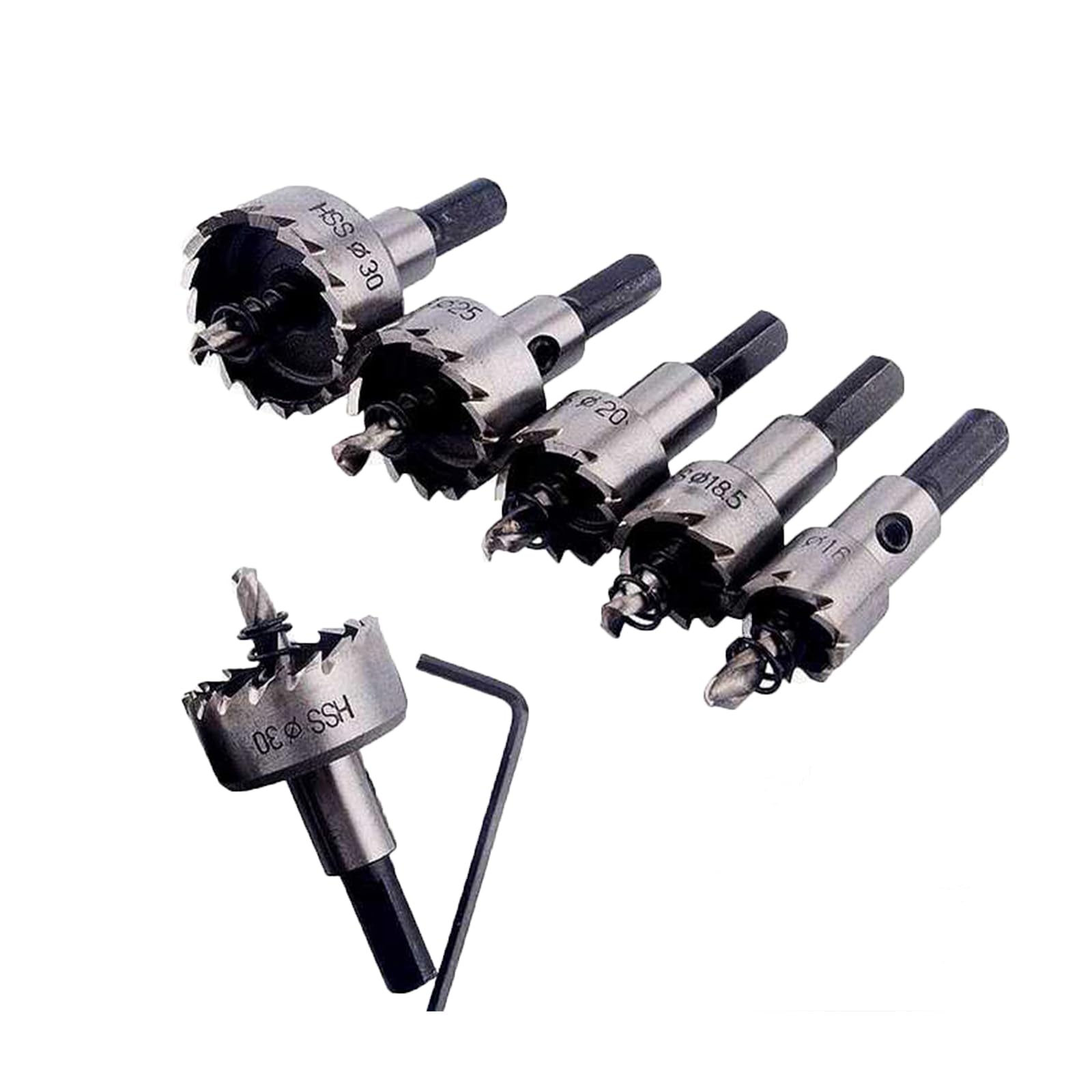 Nityunn 5 Count Hole Saw Drill Bit Set 16-30 mm HSS, Titanium Coated Carbide Tooth, Hex Shank, Spiral Flute, For Wood, Iron, Cast Stainless Steel, F.R.P, Sheet Metal