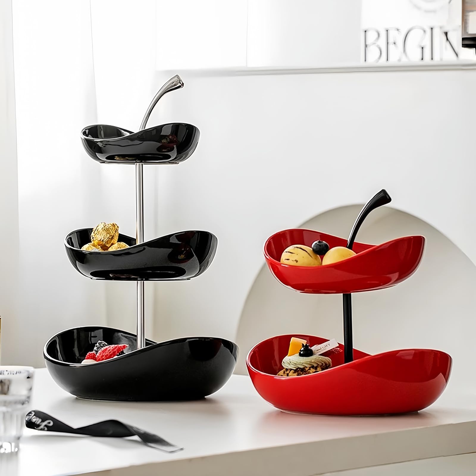 Bandeja de frutas de doble capa Cuenco de frutas de cerámica de 3 niveles Cuencos de cerámica de varias capas con soporte de metal, bandeja para servir,Rojo,Double Layer