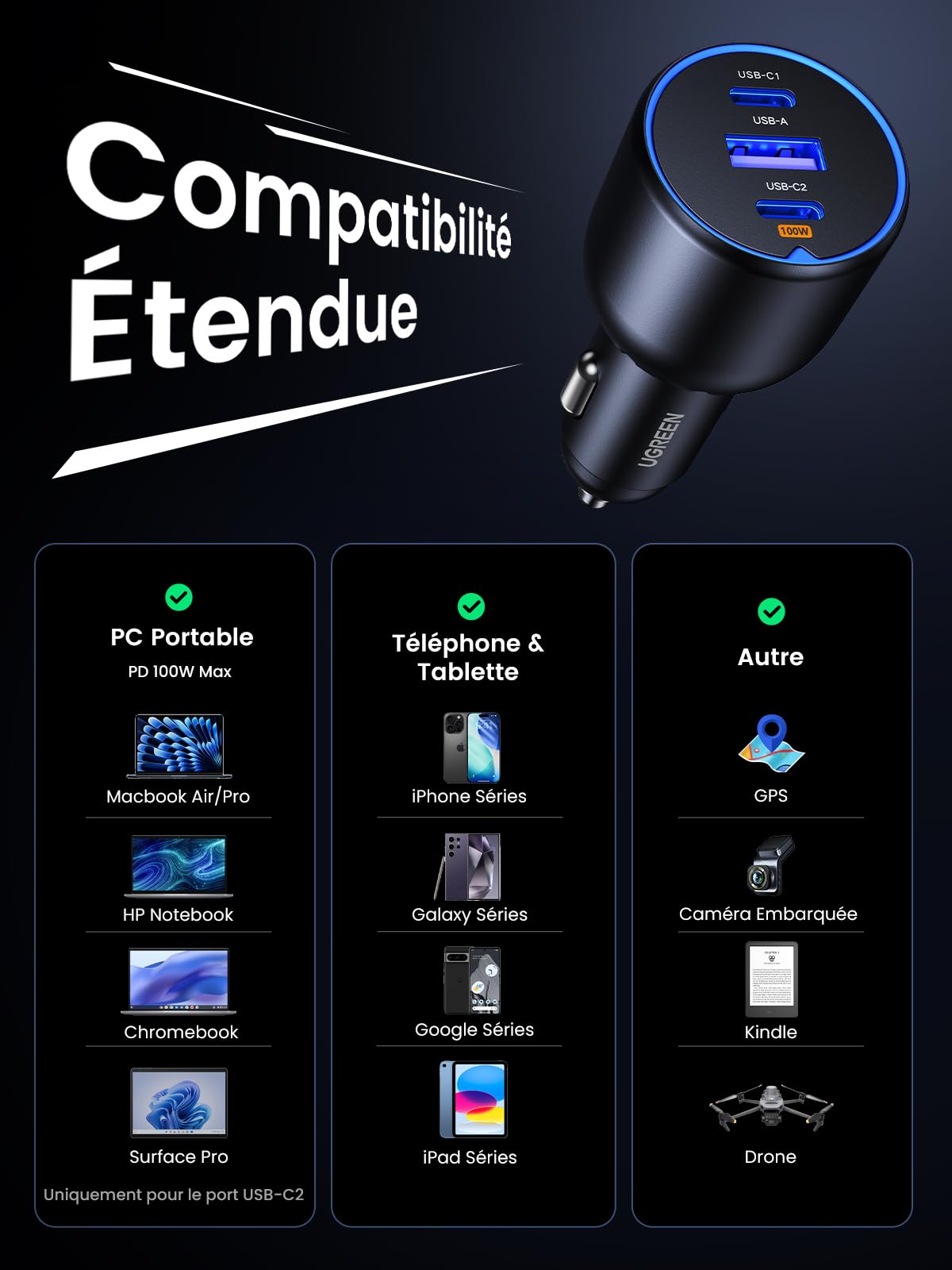 UGREEN 130W Chargeur Allume Cigare USB C 3 Ports 45W PPS PD QC 3.0 Chargeur Voiture Charge Rapide AFC Compatible avec iPhone 17 Pro Max Air 16 15 MacBook Pro Air iPad Galaxy S25 Ultra S24 Steam Deck