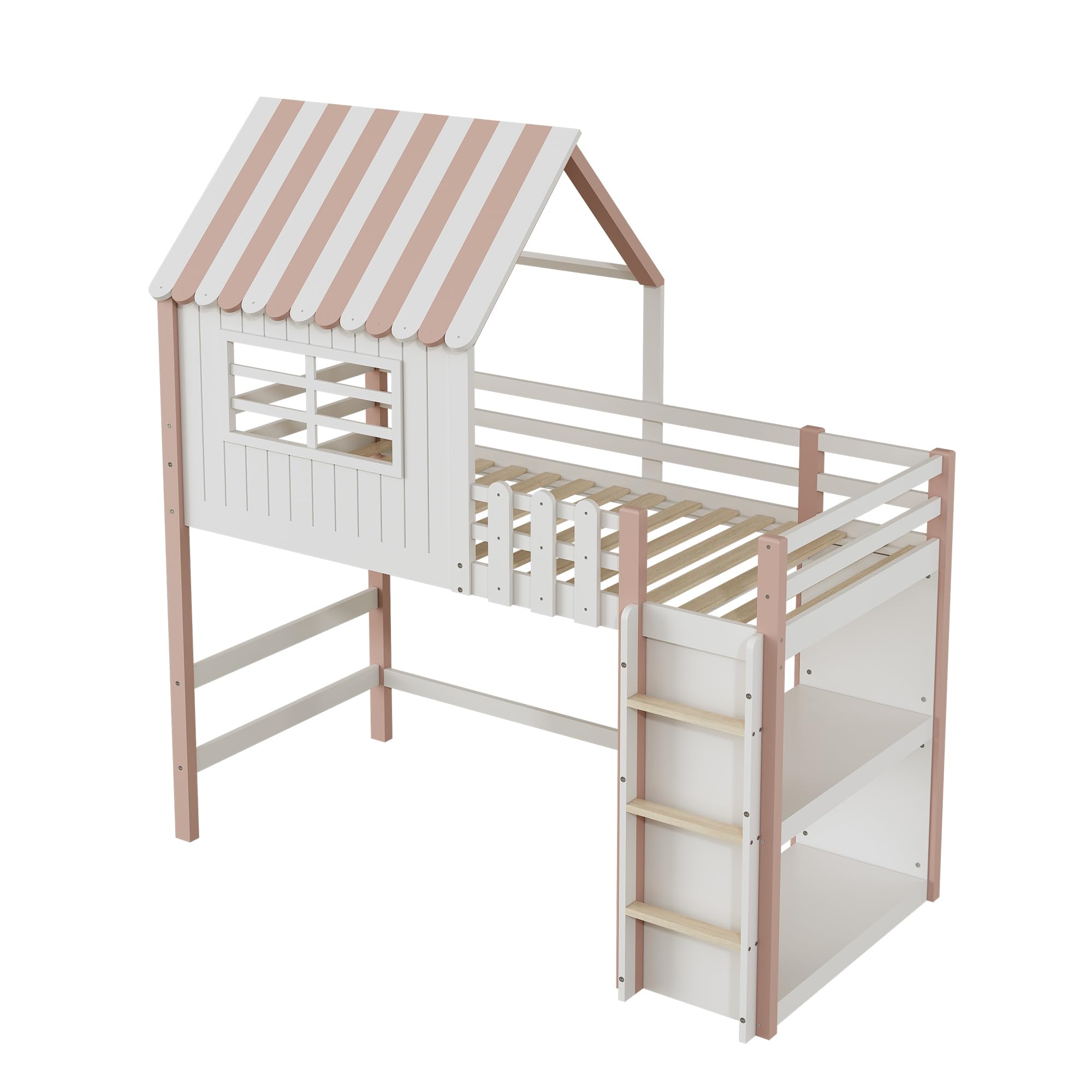 Merax Hochbett 90x200 cm, Kinderbett aus Massivholz mit Treppe, Hausbett Rausfallschutz mit Stauraum, für Jungen & Mädchen, Rosa (Ohne Matratze)