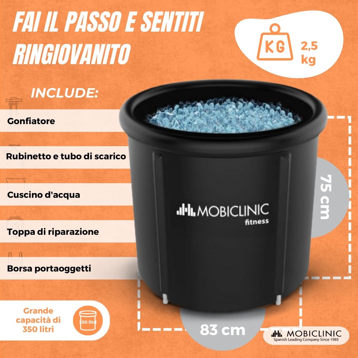 Mobiclinic® fitness, Vasca di ghiaccio, 350l, Recupero muscolare, Per gli sportivi, 83x83x75cm, Artic, Portatile, Terapia duale, Borsa il trasporto, Cuscino gonfiabile, Bordo
