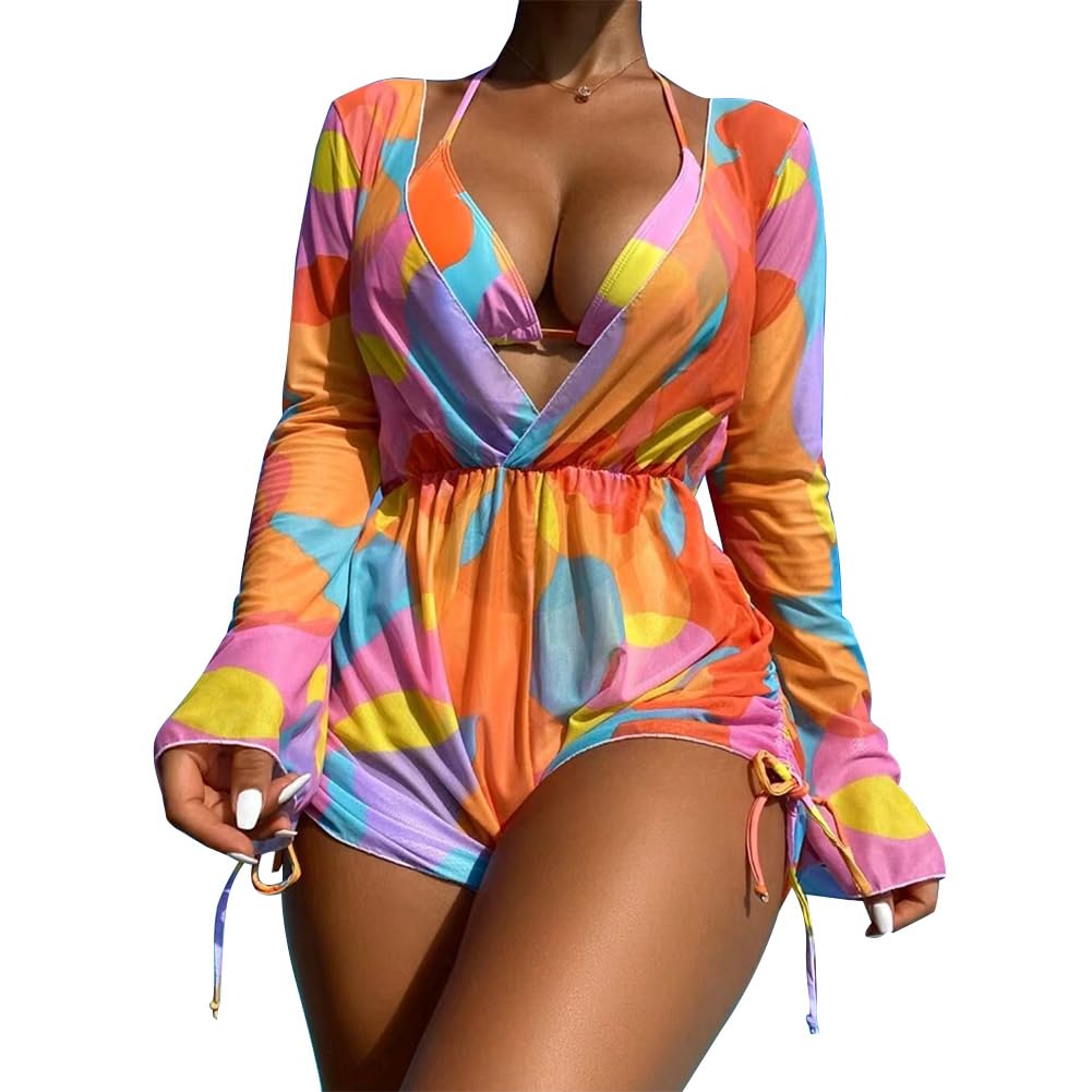  Women's Sexy 3 Piece Swimsuits Halter Triangle Bikini Sets with Long Sleeve Mesh Cover Ups for Summer
| Women's Sexy 3 
