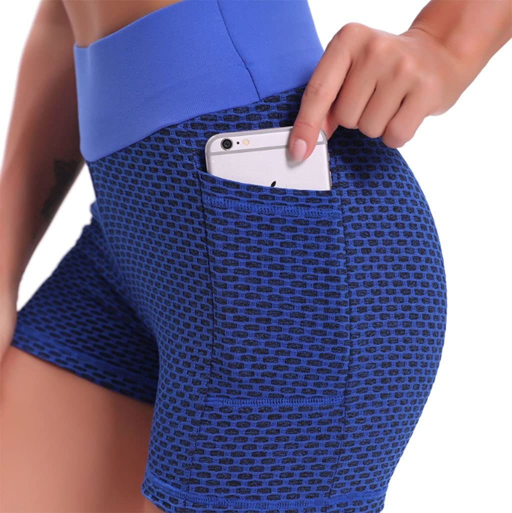 السراويل اليوغا الرياضية النسائية، ارتفاع الخصر البطن طماق طماق السراويل شورت ريست بوت رفع السراويل مع جيوب (Color : Blue, Size : Large)
