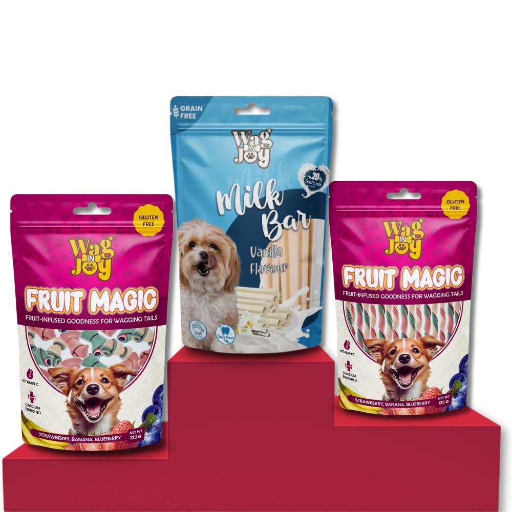 Wag In Joy Veg Treat Combo for Dogs | Fruit Magic 125g + Goats Milk Dental Treat (Large) 150g (Pack of 3) (B0CZDZBDRJ) Amazon Price History, Amazon Price Tracker