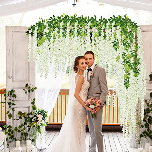 24 Pack 3.6 Feet Wisteria Hanging Flowers, Artificial Fake Wisteria Flower Vines Garland Silk Flowers String For Wedding Party Wall Decorations (White, 24) #TOP4