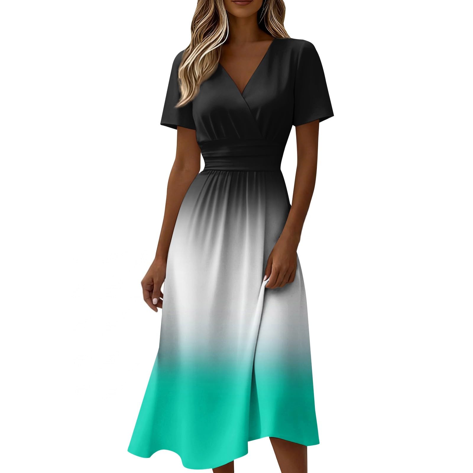 Generico Robe d'été à manches courtes – Robe mi-longue pour femme, taille haute, trapèze, col en V, couleurs mixtes avec plis, robe légère décontractée pour vacances à la mer
