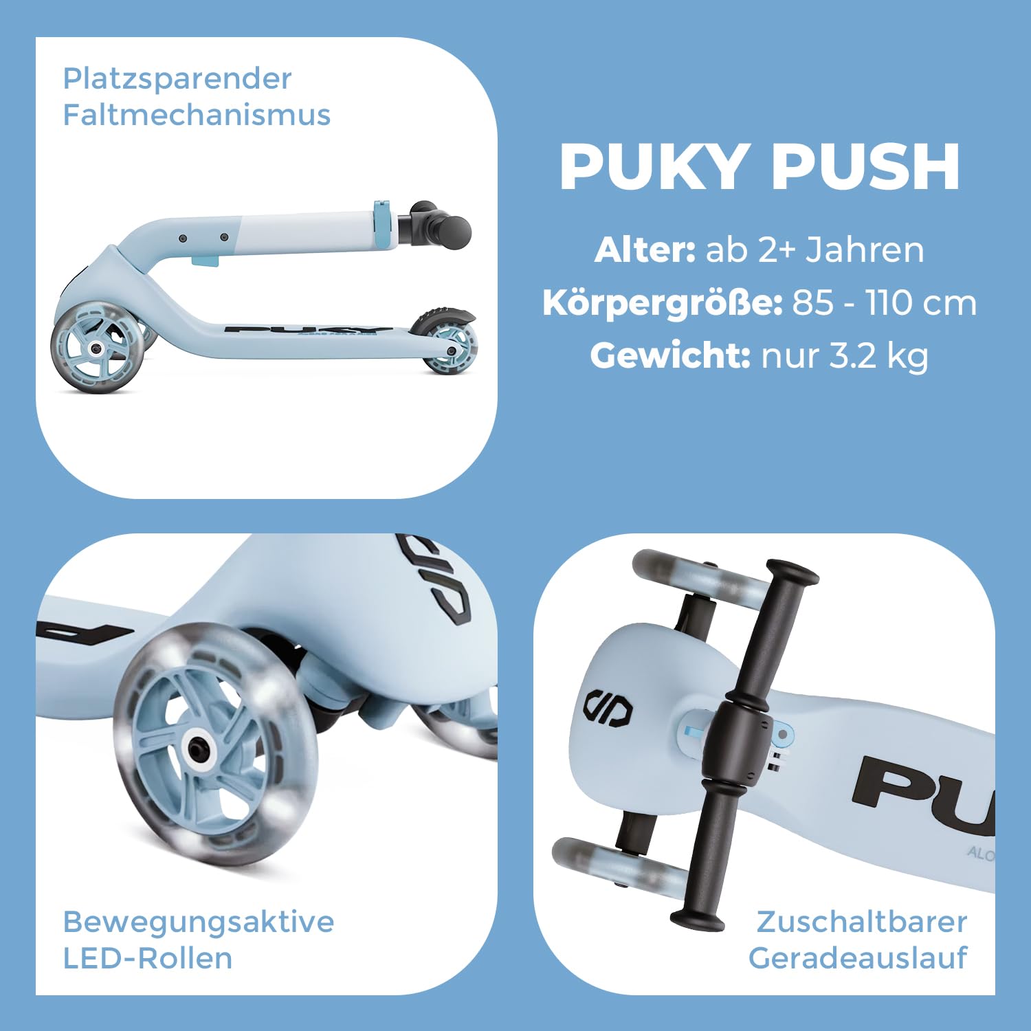 PUKY Push | Kinderroller ab 2 Jahre | Kinderroller ab 3 Jahre | Höhenverstellbarer Lenker | Klappbar & Kompakt | Extra breite Reifen für mehr Sicherheit | Leuchtende Räder | Roller 3 Räder