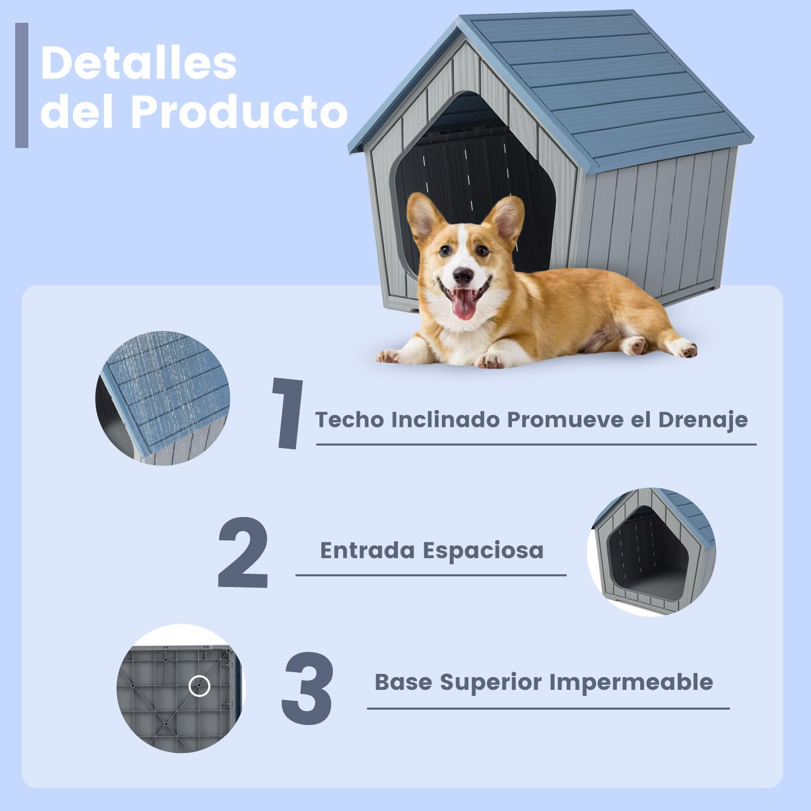 GOPLUS Caseta para Perros de Plástico, Casa para Cachorros y Gatos con Techo Inclinado, Orificios de Ventilación, Base Elevada, Refugio Impermeable de Interior Exterior para Mascotas, 59,5x57x58 cm