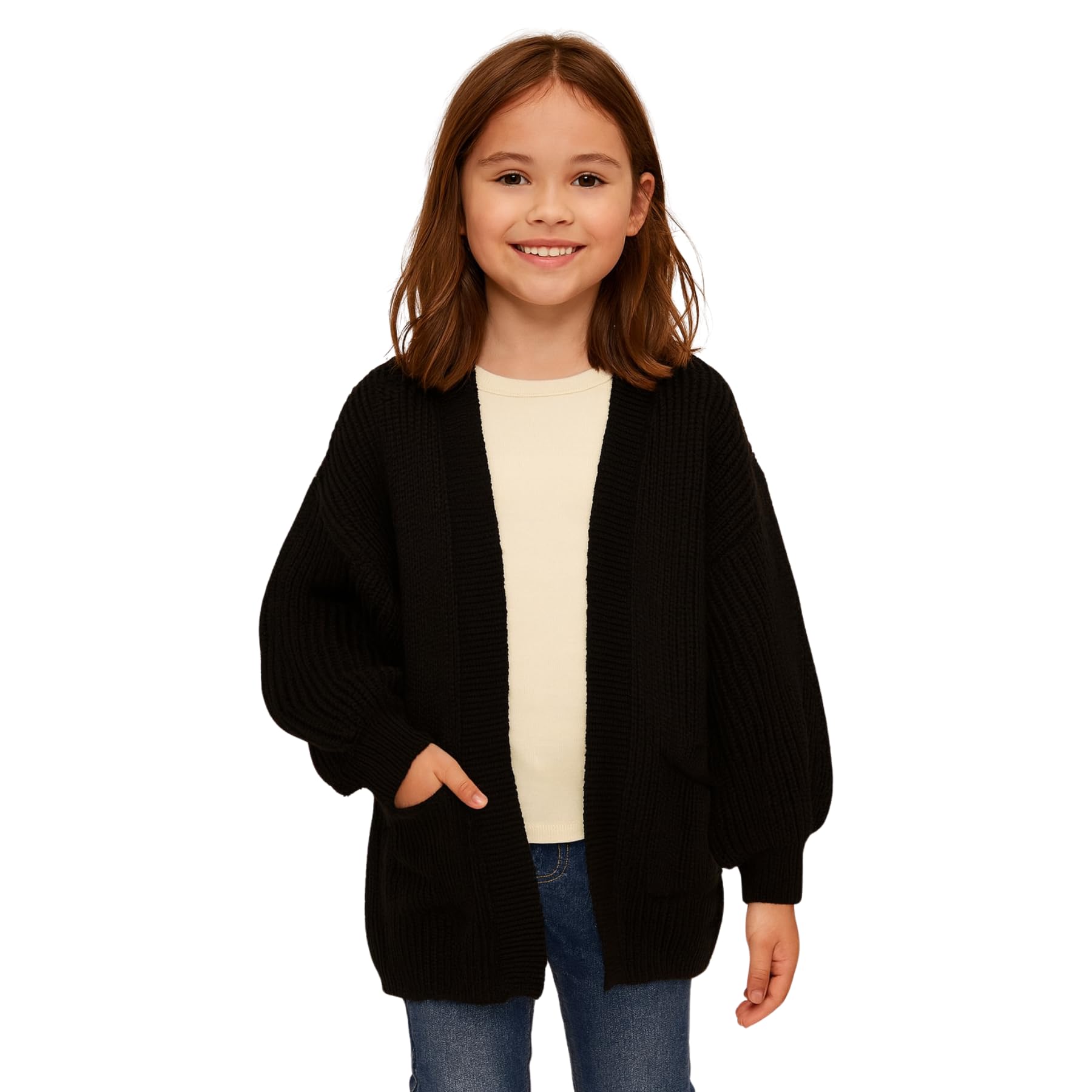 Hamishkane® Girls Open Front Balloon Sleeve Cardigan, Chunky Knitted Oversized Cardigan with Pockets, Warm Winter Fall Cardigans, Girls Age 7-13 Years Black